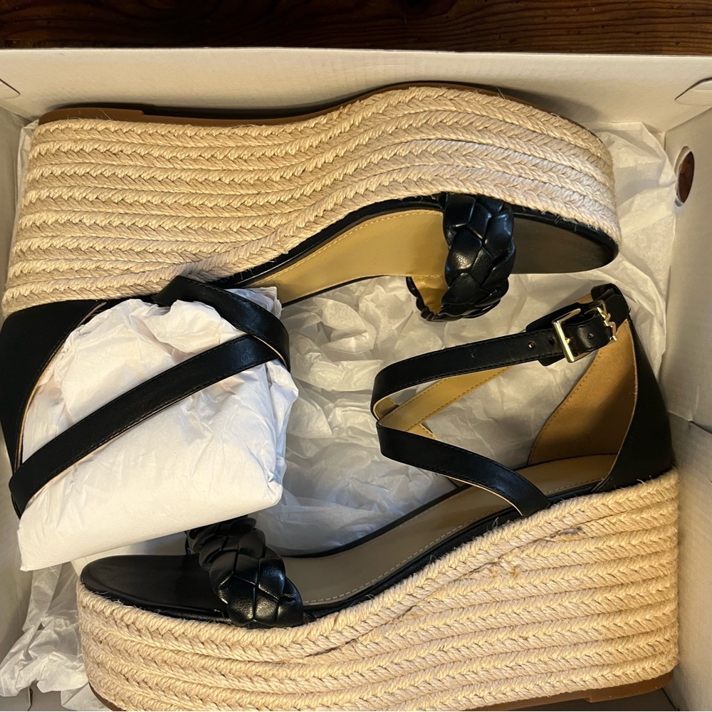 Michael Kors Black and Cream Espadrille Wedges NEW IN BOX